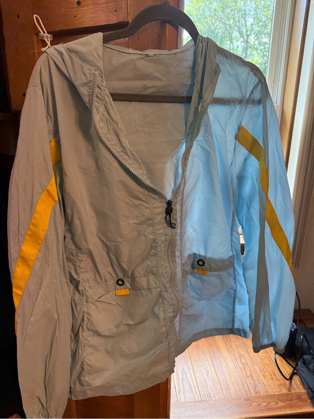 Classic Light Blue Hooded windbreaker Jacket with Yellow Stripes